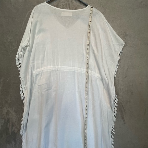 Peruvian Cotton Resortwear White Maxi Kaftan Cover Up Fringe Sz M Made in Peru - Picture 12 of 13